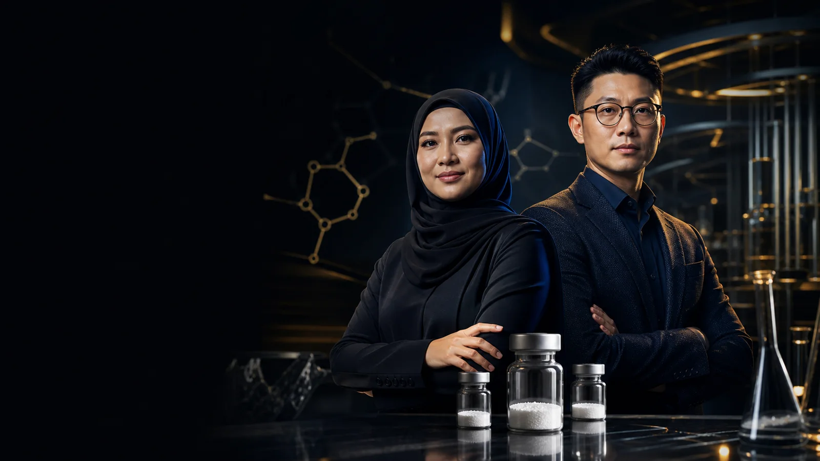 Malay and Chinese Malaysian peptide education leaders with generic research powder vials